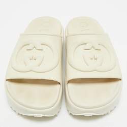 Pre Owned Gucci White Rubber Interlocking G Slide Sandals Size 37