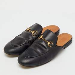 Pre Owned Gucci Black Leather Princetown Horsebit Flat Mules Size 39.5