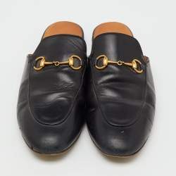 Pre Owned Gucci Black Leather Princetown Horsebit Flat Mules Size 39.5