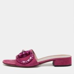 Pre Owned Gucci Pink Suede Crystal Maxime Horsebit Slide Sandals Size 37.5