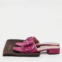 Pre Owned Gucci Pink Suede Crystal Maxime Horsebit Slide Sandals Size 37.5