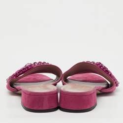 Pre Owned Gucci Pink Suede Crystal Maxime Horsebit Slide Sandals Size 37.5
