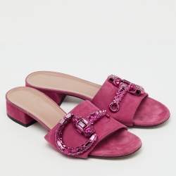 Pre Owned Gucci Pink Suede Crystal Maxime Horsebit Slide Sandals Size 37.5