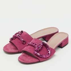 Pre Owned Gucci Pink Suede Crystal Maxime Horsebit Slide Sandals Size 37.5