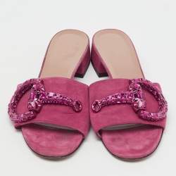 Pre Owned Gucci Pink Suede Crystal Maxime Horsebit Slide Sandals Size 37.5