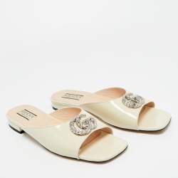 Pre Owned Gucci Cream Patent Leather Harlow Flat Slides Size 39