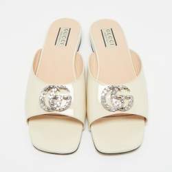 Pre Owned Gucci Cream Patent Leather Harlow Flat Slides Size 39