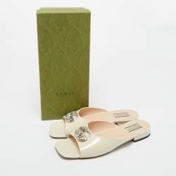 Pre Owned Gucci Cream Patent Leather Harlow Flat Slides Size 39
