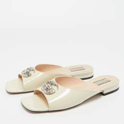Pre Owned Gucci Cream Patent Leather Harlow Flat Slides Size 39