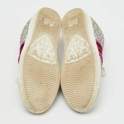 Pre Owned Gucci Silver Glitter And Leather Ace Low Top Sneakers Size 37