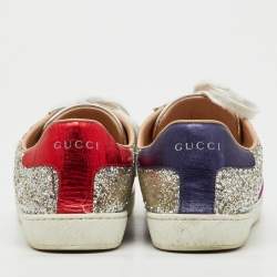 Pre Owned Gucci Silver Glitter And Leather Ace Low Top Sneakers Size 37