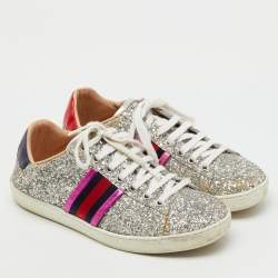 Pre Owned Gucci Silver Glitter And Leather Ace Low Top Sneakers Size 37