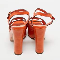 Pre Owned Gucci Orange Leather Interlocking G Platform Ankle Strap Sandals Size 38.5