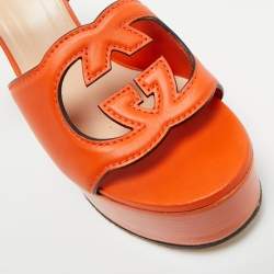 Pre Owned Gucci Orange Leather Interlocking G Platform Ankle Strap Sandals Size 38.5