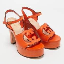 Pre Owned Gucci Orange Leather Interlocking G Platform Ankle Strap Sandals Size 38.5