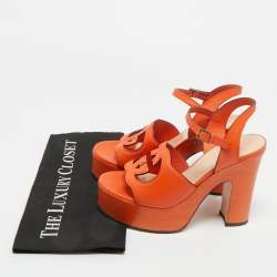 Pre Owned Gucci Orange Leather Interlocking G Platform Ankle Strap Sandals Size 38.5
