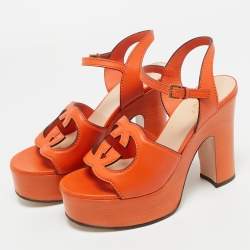 Pre Owned Gucci Orange Leather Interlocking G Platform Ankle Strap Sandals Size 38.5
