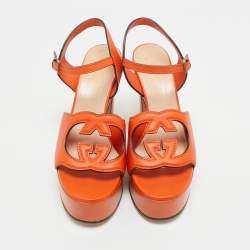 Pre Owned Gucci Orange Leather Interlocking G Platform Ankle Strap Sandals Size 38.5