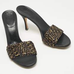 Pre Owned Gucci Black/Gold Fabric and Leather GG Interlocking Slide Sandals Size 35.5 
