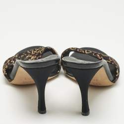 Pre Owned Gucci Black/Gold Fabric and Leather GG Interlocking Slide Sandals Size 35.5 