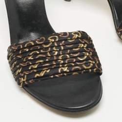 Pre Owned Gucci Black/Gold Fabric and Leather GG Interlocking Slide Sandals Size 35.5 
