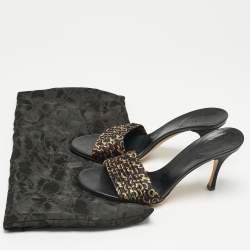 Pre Owned Gucci Black/Gold Fabric and Leather GG Interlocking Slide Sandals Size 35.5 