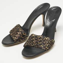 Pre Owned Gucci Black/Gold Fabric and Leather GG Interlocking Slide Sandals Size 35.5 