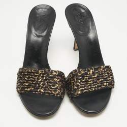 Pre Owned Gucci Black/Gold Fabric and Leather GG Interlocking Slide Sandals Size 35.5 