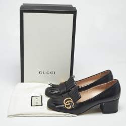 Pre Owned Gucci Black Leather Marmont GG Fringe Detail Block Heel Pumps Size 38.5