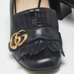 Pre Owned Gucci Black Leather Marmont GG Fringe Detail Block Heel Pumps Size 38.5