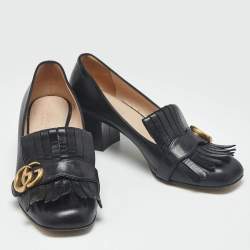 Pre Owned Gucci Black Leather Marmont GG Fringe Detail Block Heel Pumps Size 38.5