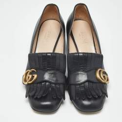 Pre Owned Gucci Black Leather Marmont GG Fringe Detail Block Heel Pumps Size 38.5