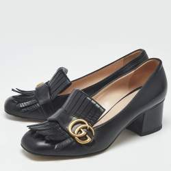 Pre Owned Gucci Black Leather Marmont GG Fringe Detail Block Heel Pumps Size 38.5