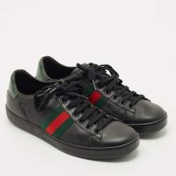 Pre Owned Gucci Black Croc Embossed and Leather Web Ace Lace Up Sneakers Size 38