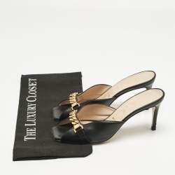 Pre Owned Gucci Black Leather Sylvie Chain Slide Sandals Size 36