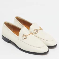 Pre Owned Gucci Cream Leather Crystal Embellished Jordaan Loafers Size 38.5