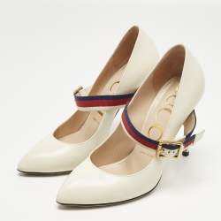 Pre Owned Gucci Cream Leather Sylvie Mary Jane Pumps Size 37.5
