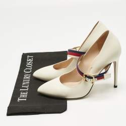 Pre Owned Gucci Cream Leather Sylvie Mary Jane Pumps Size 37.5