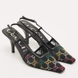 Pre Owned Gucci Multicolor GG Crystal Mesh and Leather Slingback Pumps Size 39
