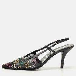 Pre Owned Gucci Multicolor GG Crystal Mesh and Leather Slingback Pumps Size 39