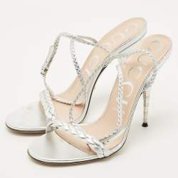 Pre Owned Gucci Silver Leather and Woven Leather Ankle Wrap Sandals Size 39.5