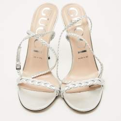 Pre Owned Gucci Silver Leather and Woven Leather Ankle Wrap Sandals Size 39.5