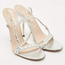 Pre Owned Gucci Silver Leather and Woven Leather Ankle Wrap Sandals Size 39.5