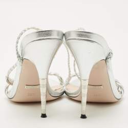 Pre Owned Gucci Silver Leather and Woven Leather Ankle Wrap Sandals Size 39.5