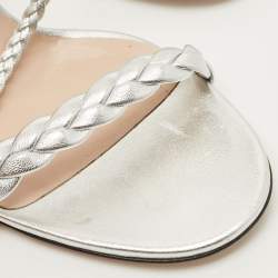 Pre Owned Gucci Silver Leather and Woven Leather Ankle Wrap Sandals Size 39.5