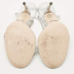 Pre Owned Gucci Silver Leather and Woven Leather Ankle Wrap Sandals Size 39.5