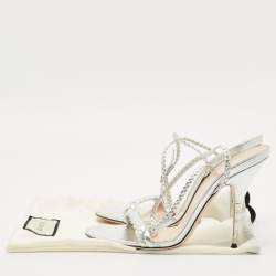 Pre Owned Gucci Silver Leather and Woven Leather Ankle Wrap Sandals Size 39.5