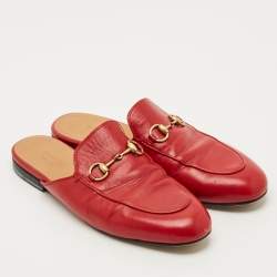 Pre Owned Gucci Red Leather Princetown Mules Size 37