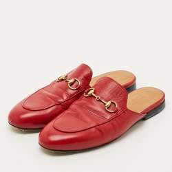 Pre Owned Gucci Red Leather Princetown Mules Size 37