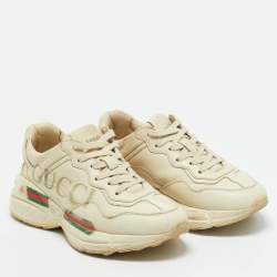 Pre Owned Gucci Cream Leather Rhyton Low Top Sneakers Size 36